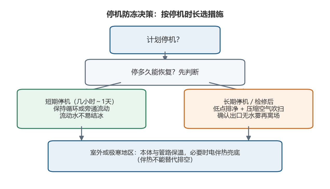 板式换热器停机防冻决策流程:按停机时长选择循环、排空或保温伴热 板式换热器停机防冻决策流程:按停机时长选择循环、排空或保温伴热
